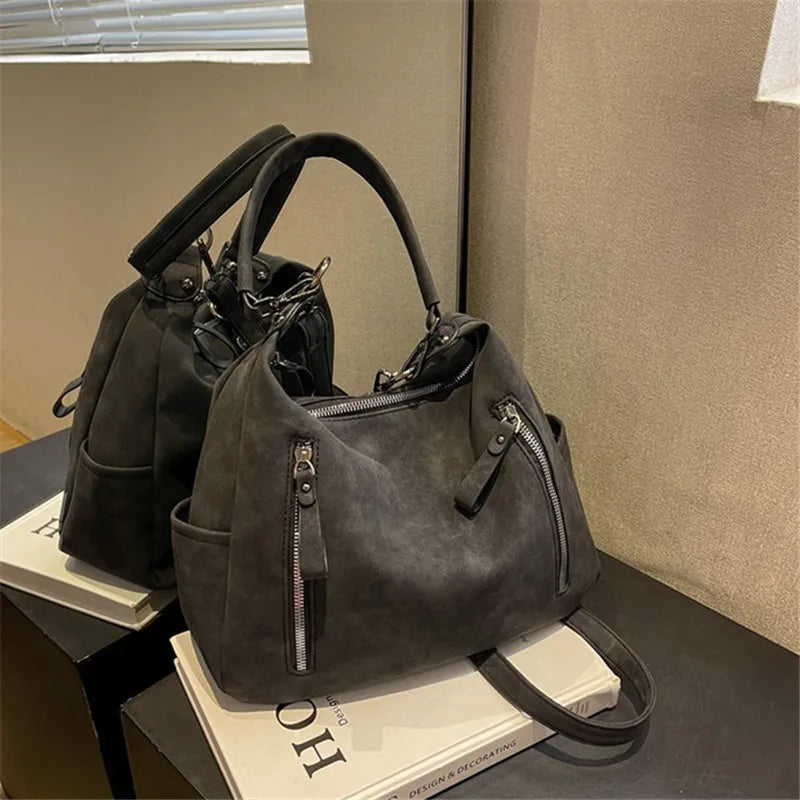 Soft Leather Hobo Bag – Multi-Zipper Shoulder & Crossbody Tote