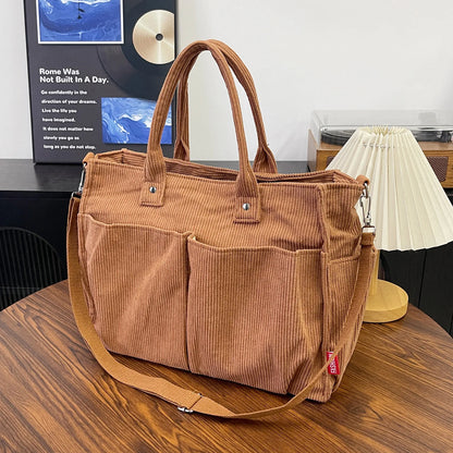 Corduroy Tote Bag – Large Shoulder Bag with Multi-Pocket