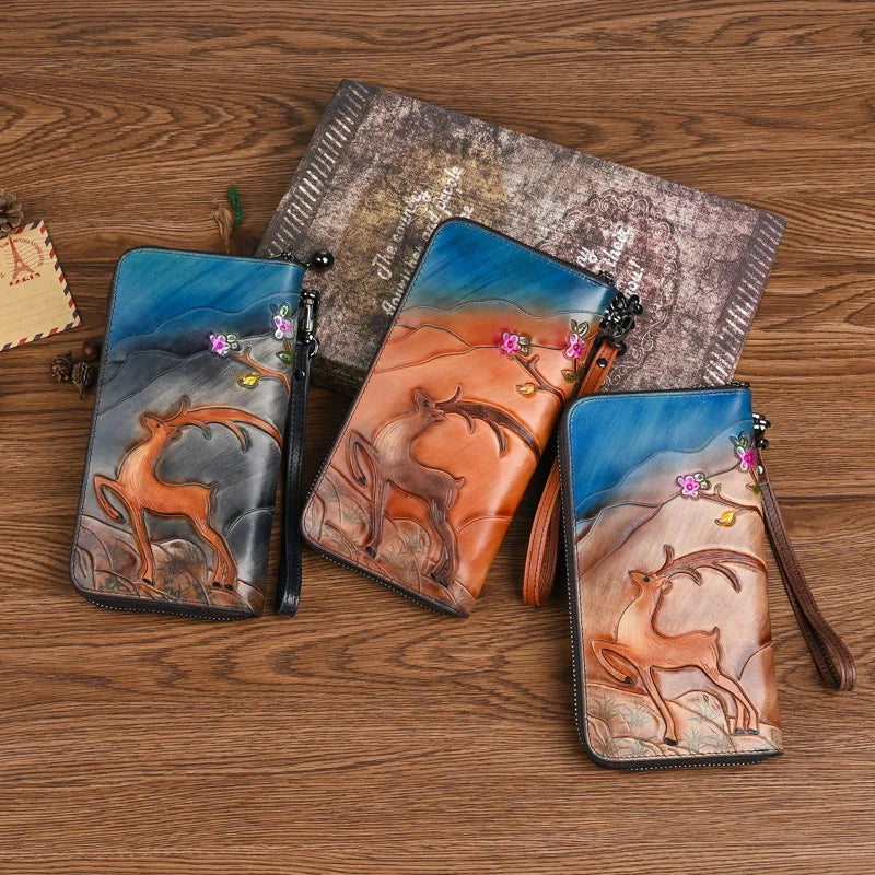 Retro Wallet Deer Head Holding Top Layer Cowhide Long Large-Capacity Mobile Phone Storage Zipper