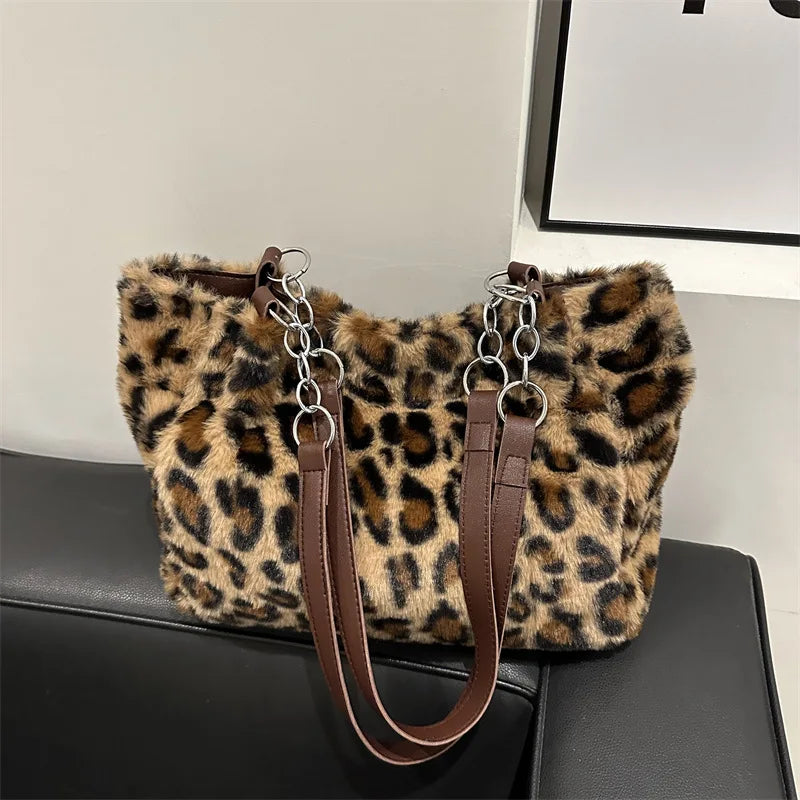 Leopard Print Plush Tote Bag – Soft Fuzzy Shoulder Handbag