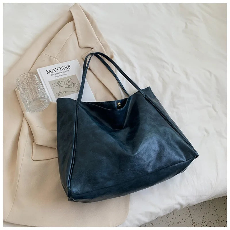 Large Capacity Retro PU Leather Tote Bag – Women's Shoulder Handbag