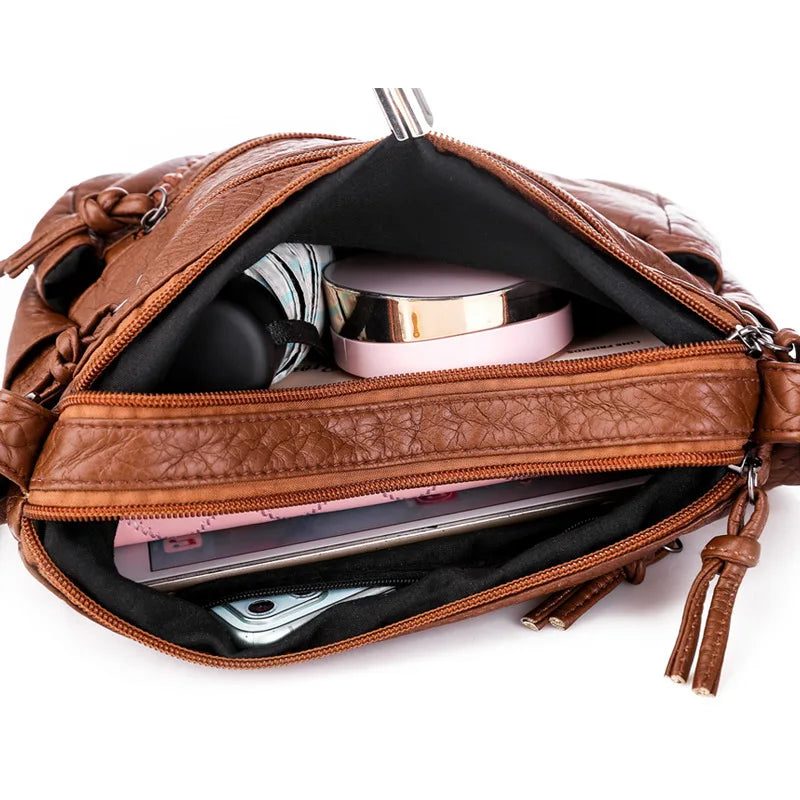 Multi-Zipper Leather Crossbody Shoulder Bag with Inner Pockets