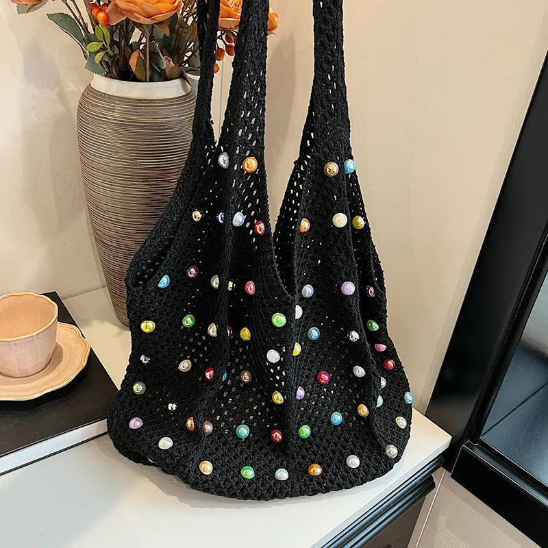 Beaded Crochet Tote Bag – Large Capacity Knit Mesh Shoulder Bag