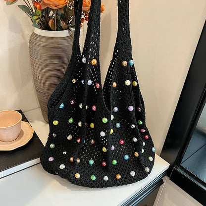 Beaded Crochet Tote Bag – Large Capacity Knit Mesh Shoulder Bag