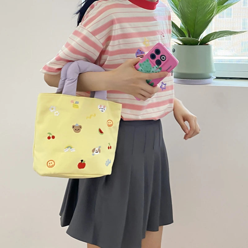 Cute Canvas Mini Handbag with Fruit & Bear Print