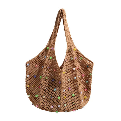 Beaded Crochet Tote Bag – Large Capacity Knit Mesh Shoulder Bag