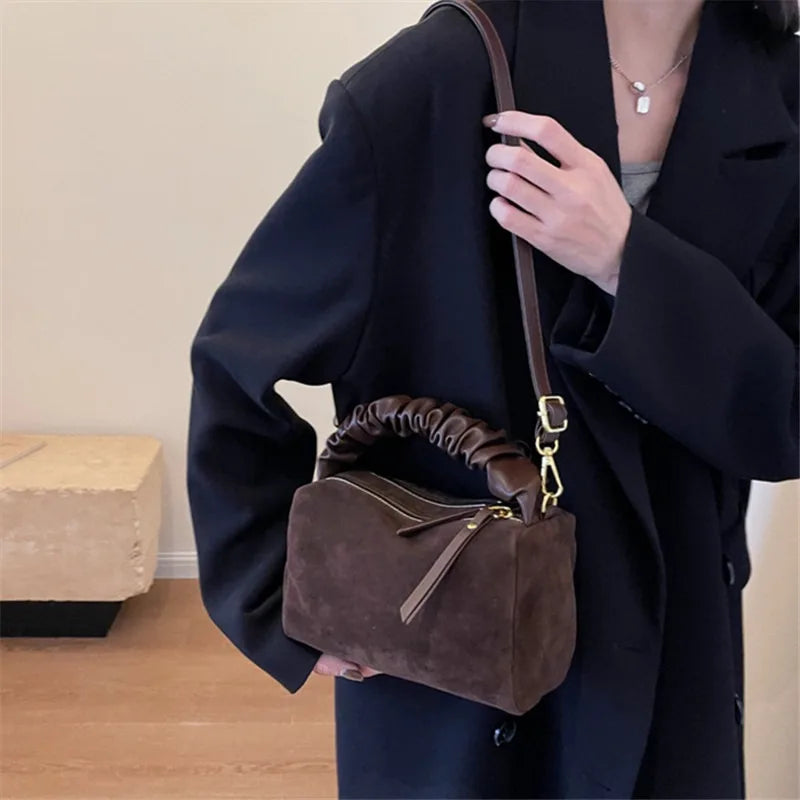 Faux Suede Crossbody Bag – Women's Vintage Ruched Handle Handbag
