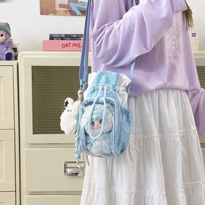 Cute Polka Dot Ita Crossbody Bag with Clear Window & Drawstring
