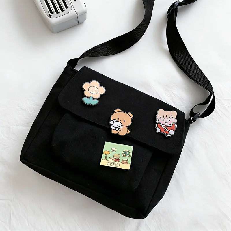 Cute Canvas Crossbody Bag with Pins – Lightweight Shoulder Bag for Women