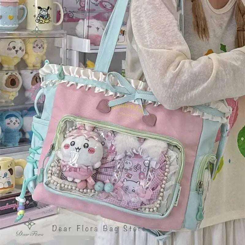 Lace Bow Ita Bag – Y2K Kawaii Crossbody with Transparent Window