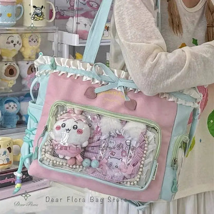 Lace Bow Ita Bag – Y2K Kawaii Crossbody with Transparent Window