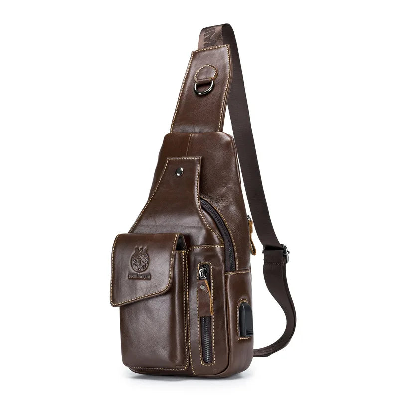 Real Leather Cross-Body Chest Bag Men Retro Head Layer Cowhide Large Capacity Usb Front Satchel