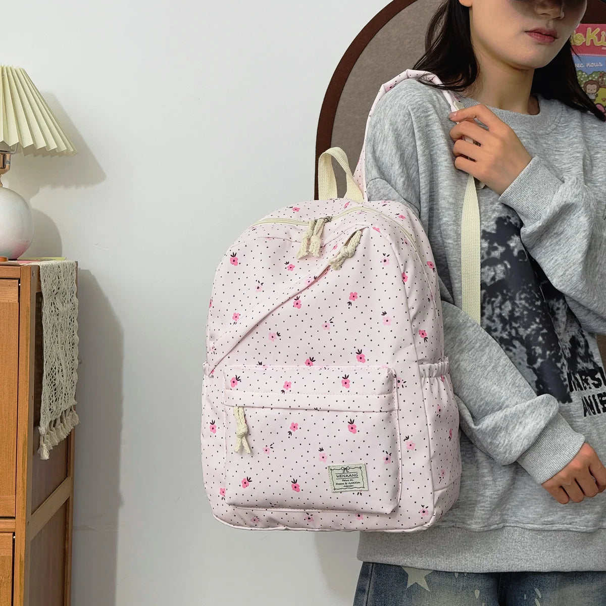 Lovely Sweet Polka Dot Floral Print Backpack Teen Girls Lightweight Large Storage Versatile School