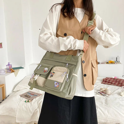 Canvas Crossbody Tote Bag Multi-Pocket Shoulder Bag