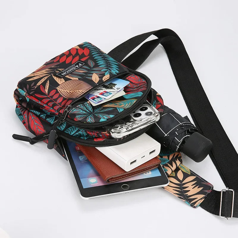 Leaf Print Nylon Sling Bag Crossbody Chest Bag for Women