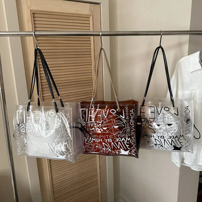 Transparent Jelly Tote Bag Summer Letter Print Graffiti Handbag 2in1 Large Capacity Commuter