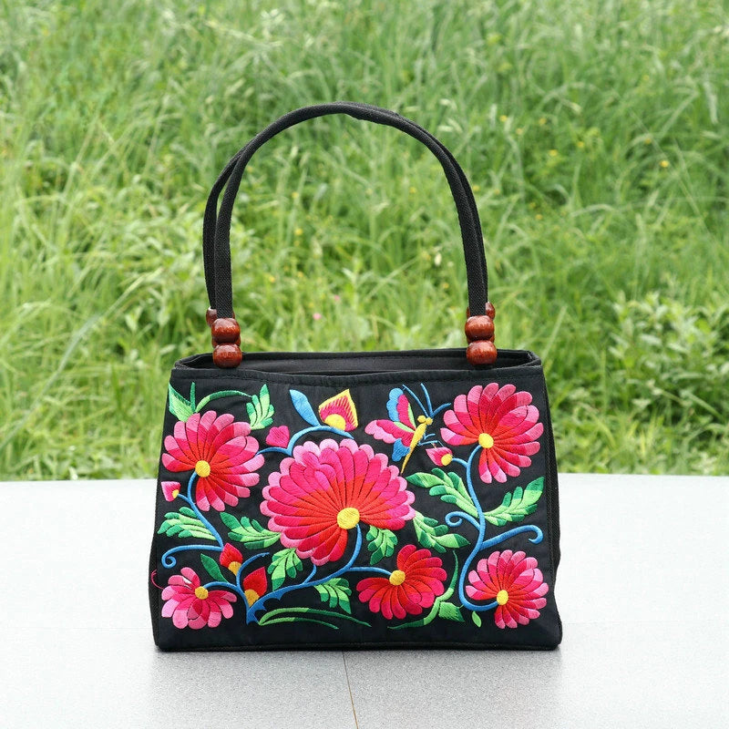 Embroidered Floral Handbag with Double Zipper & Beaded Handle