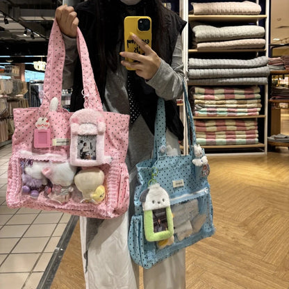 Cute Hand Ulzzang Y2k Ita Bag Girls Large Capacity Fashionable Polka Dot Canvas Shoulder Casual