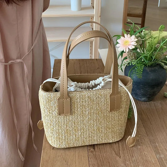 Woven Rattan Beach Bag Summer Style Handheld Shoulder Crossbody Bucket Women Vacation Travel