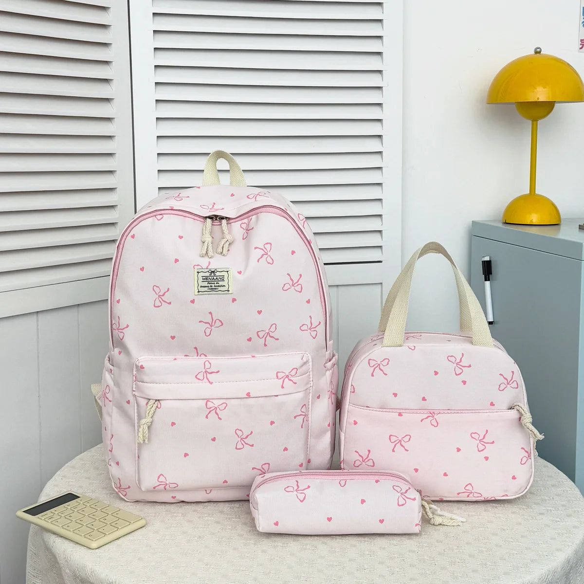 Sweet Fresh Bow Print Three Piece Backpack Set Lightweight Large Capacity College Style Campus