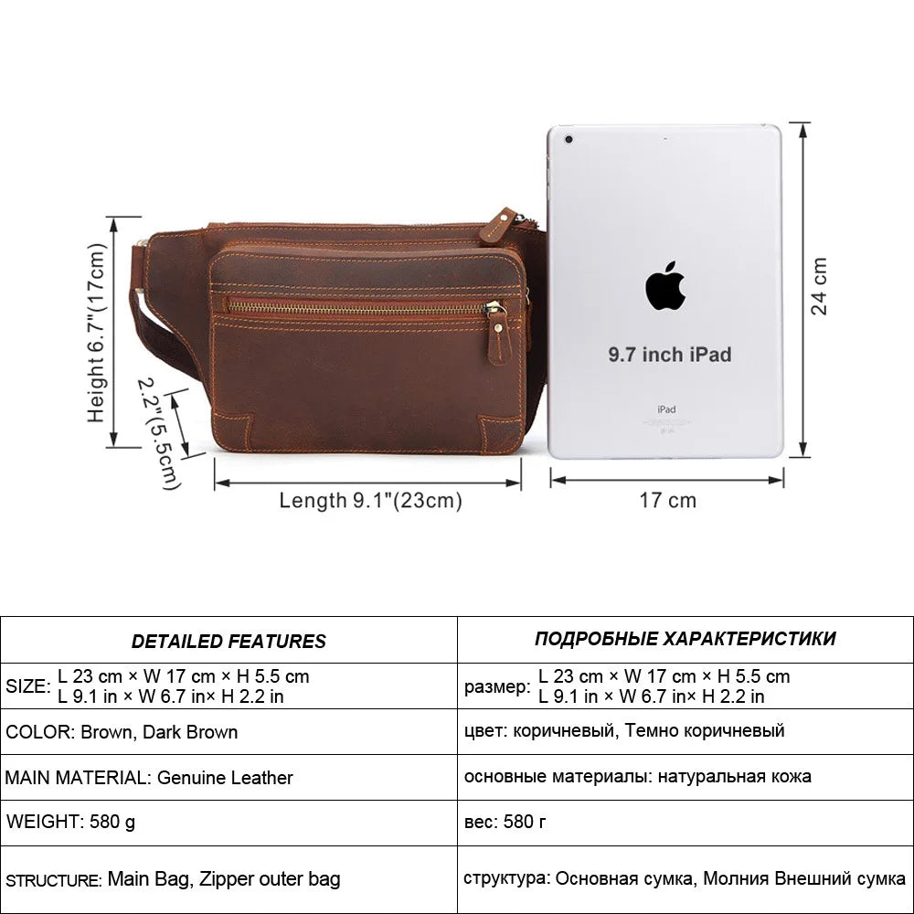 Crazy Horse Leather Storage Load-Reducing Single-Shoulder Crossbody Bag Genuine Leather Adjustable