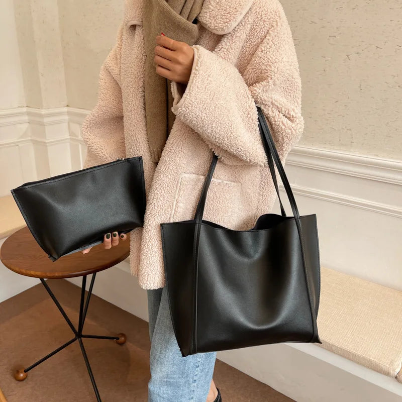 Large Capacity Tote Bag with Inner Pouch – Faux Leather