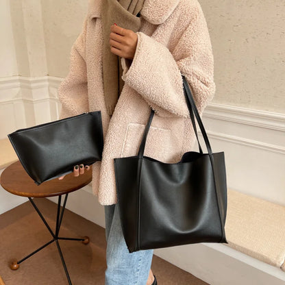 Large Capacity Tote Bag with Inner Pouch – Faux Leather