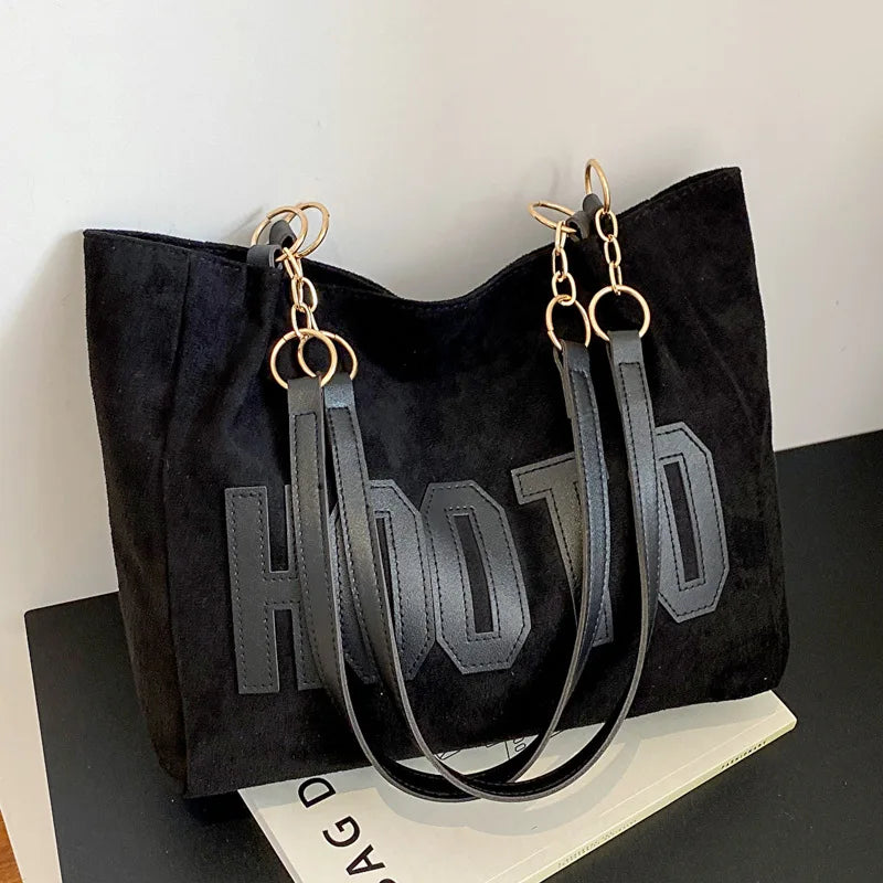 Solid Color Shoulder Bag Trendy Letters Tote Bag Canvas Campus Handbag Women Office