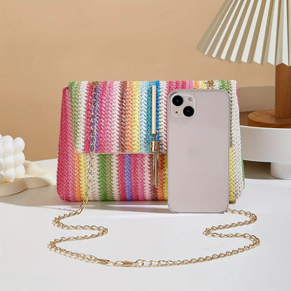 Rainbow Stripe Straw Crossbody Bag – Chain Strap & Tassel