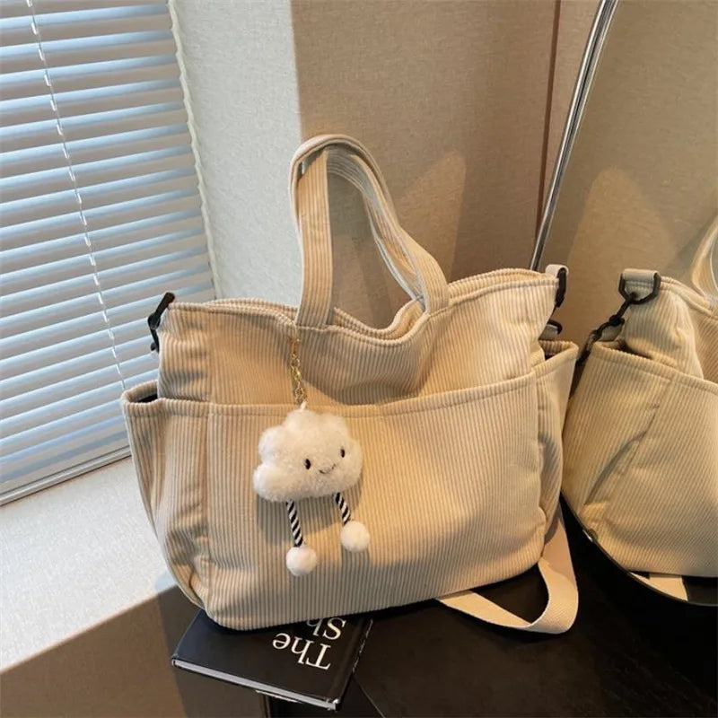 Corduroy Tote Bag with Zipper – Women's Shoulder & Crossbody Handbag