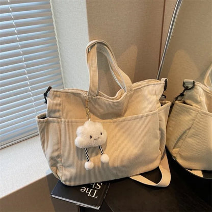 Corduroy Tote Bag with Zipper – Women's Shoulder & Crossbody Handbag