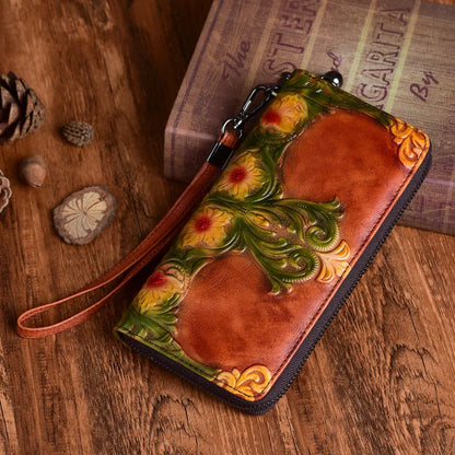 Women S Purse Cowhine Retro Embossed Handmade Large Capacity Multi-Functional Long Hand