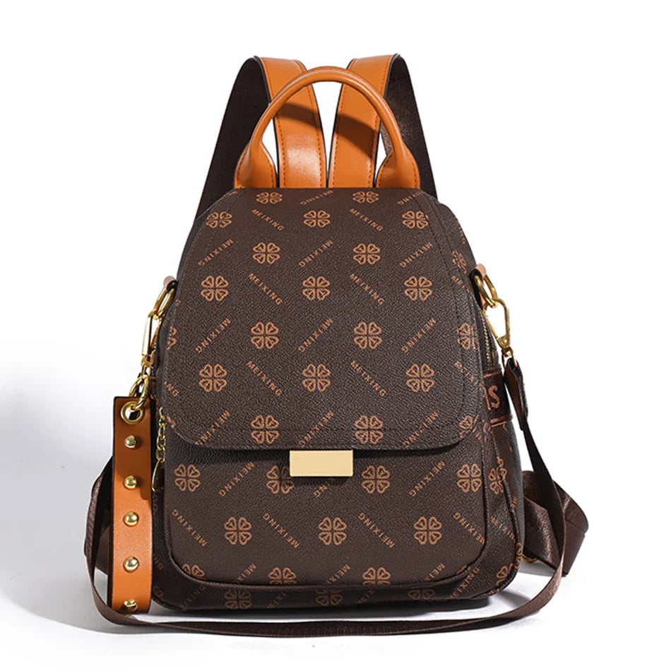 Women's Printed Leather Backpack Anti-Theft Elegant Bag