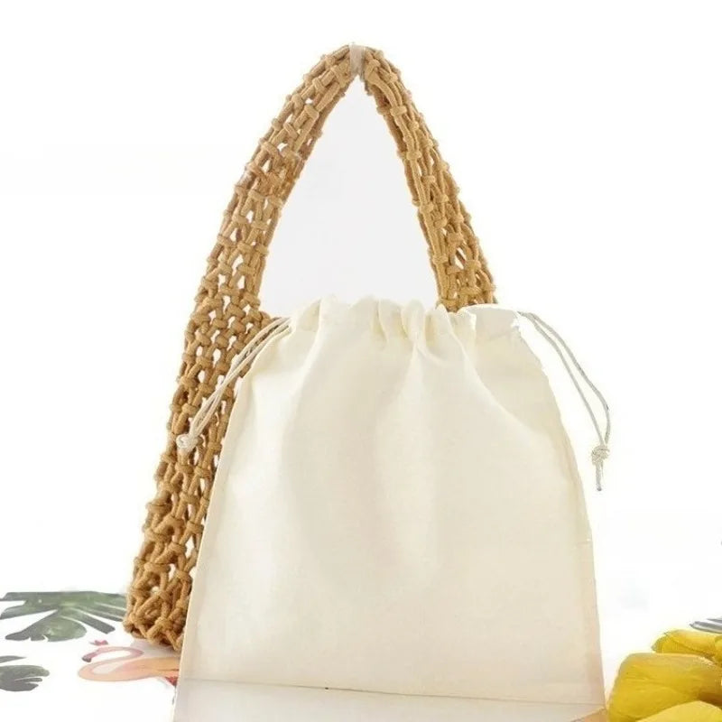 Summer Hollow Woven Cotton Rope Tote Bag Women Handmade Mesh Beach Casual Handbag Shoulder Vacation