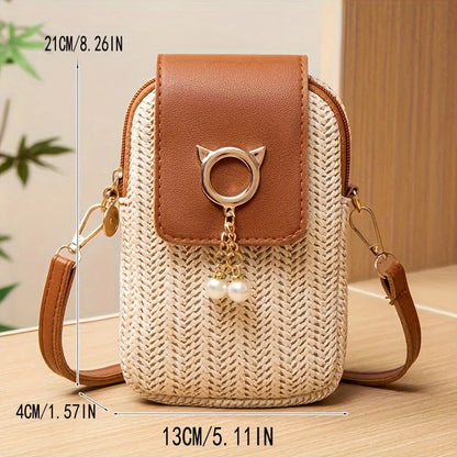 Mini Crossbody Phone Bag for Women – Cute Straw & Leather Boho Purse