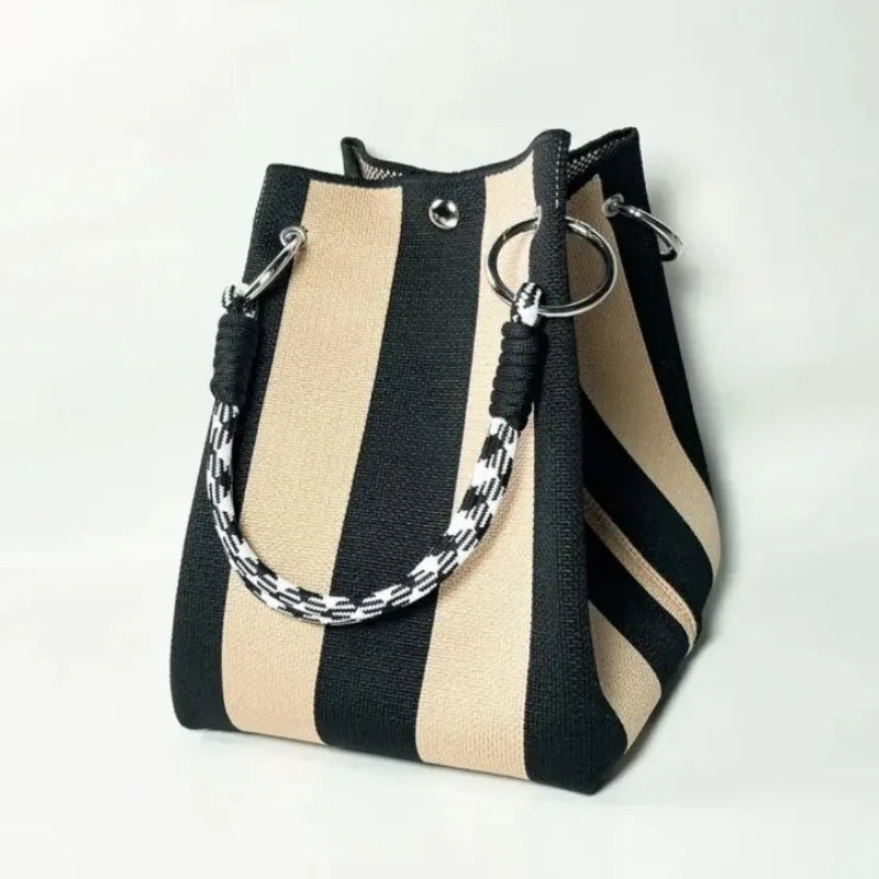Canvas Striped Bucket Tote Bag – Women's Colorful Shoulder Bag for Casual Outings