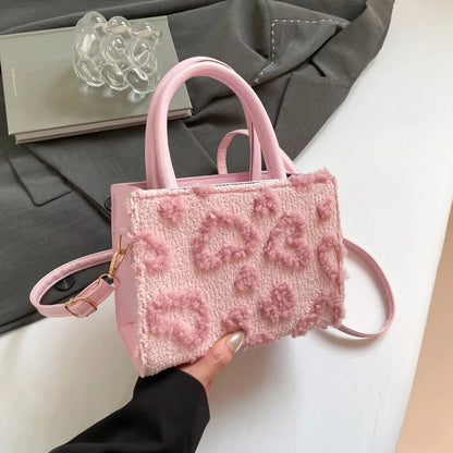 Cute Pink Heart Pattern Fuzzy Tote Bag Stylish Mini Top Handle Crossbody Purse