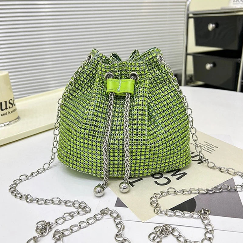 Gold Rhinestone Large Capacity Tote Bag Sparkly Drawstring Crossbody Purse Gold Chain Strap Party