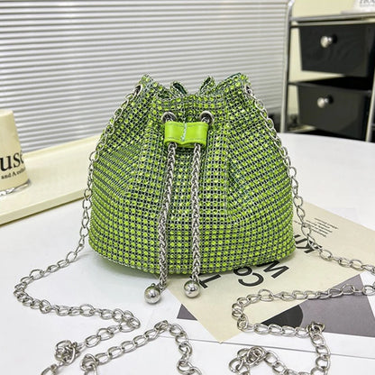 Gold Rhinestone Large Capacity Tote Bag Sparkly Drawstring Crossbody Purse Gold Chain Strap Party