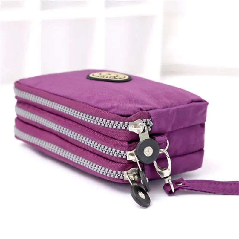 Chic Nylon Triple Zipper Wristlet Clutch Durable Multi-Pocket Design