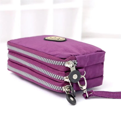 Chic Nylon Triple Zipper Wristlet Clutch Durable Multi-Pocket Design