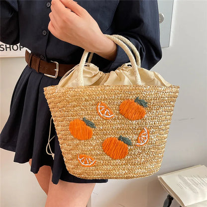 Straw Fruit Embroidery String Casual Sweet Tote Bags Spring