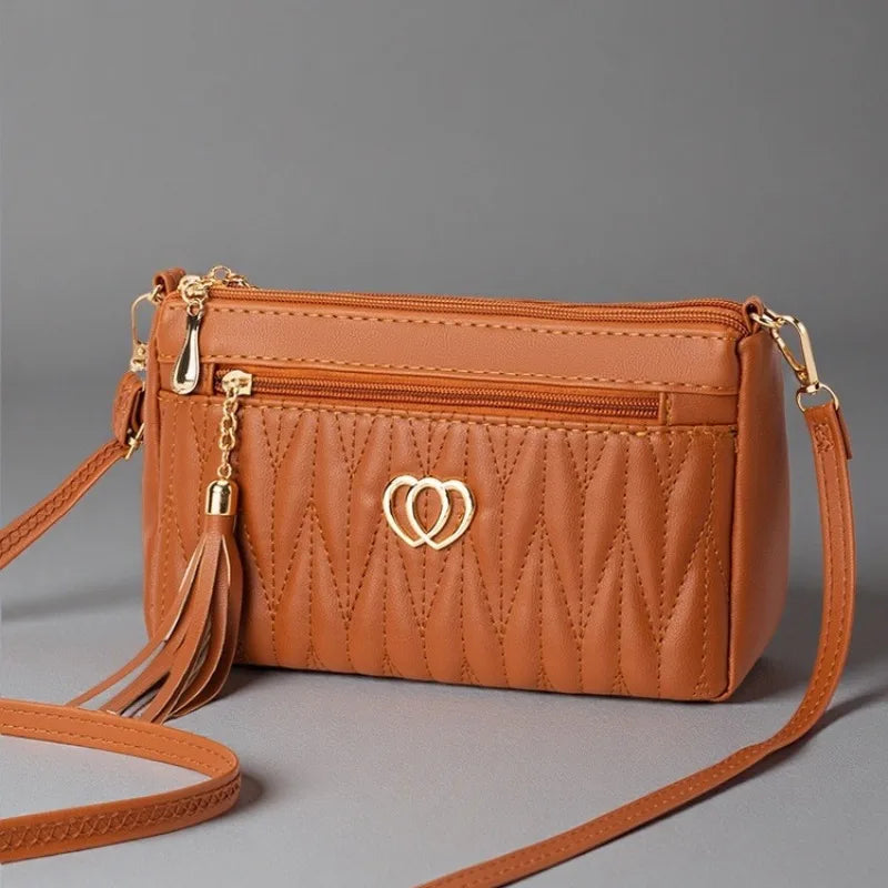 Quilted Crossbody Bag Double Heart Tassel Pendant Multi Zipper Pockets Shoulder Purse Adjustable