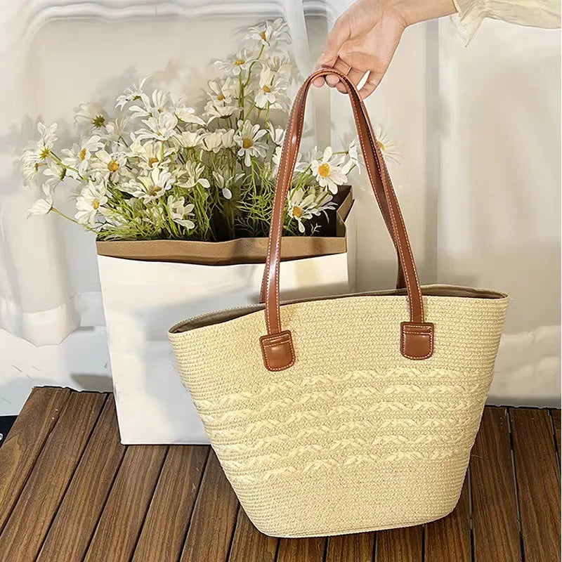 Summer Beach Casual Handbag Shoulder Bag Women Striped Straw Tote Bags Leather Handles