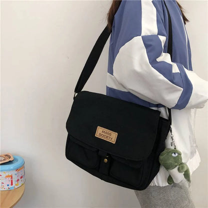 Canvas Crossbody Messenger Bag with Cute Bear Charm for Women