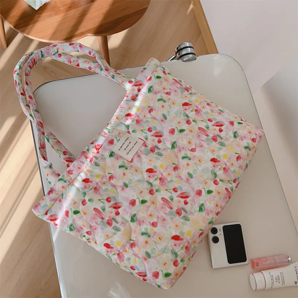 Cotton Floral Tote Bag Women Handbag Trendy Chic Puffy Top Handle Quilted Padded Shoulder Designer
