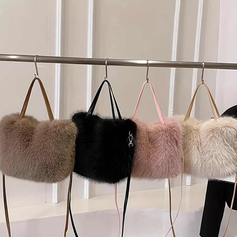 Faux Fur Handbag with Detachable Strap - Plush Tote Bag