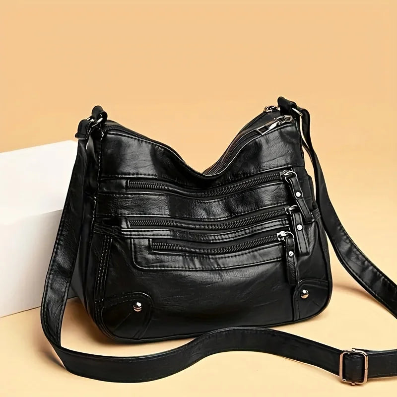 Soft Vegan Leather Crossbody Bag with Multi-Zipper Pockets