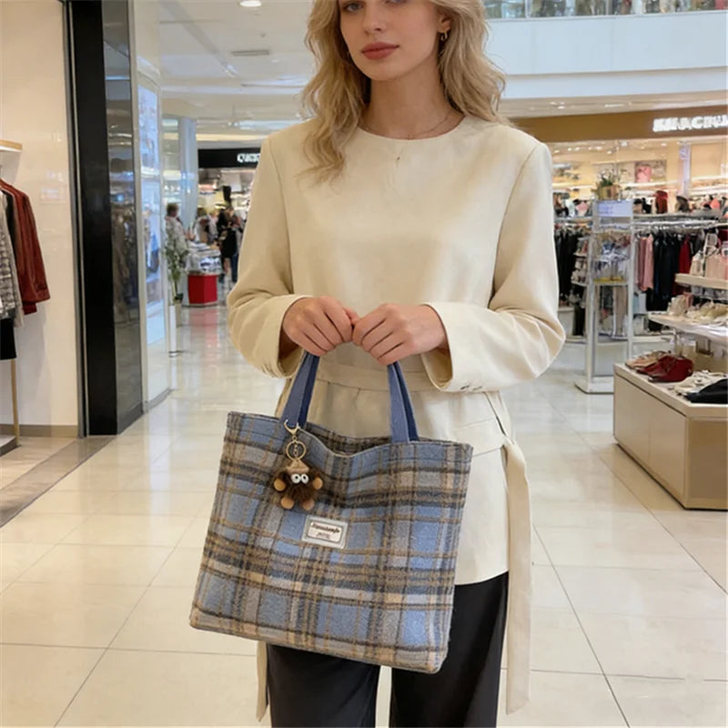 Plaid Wool Tote Bag – Soft Shoulder Handbag with Pendant