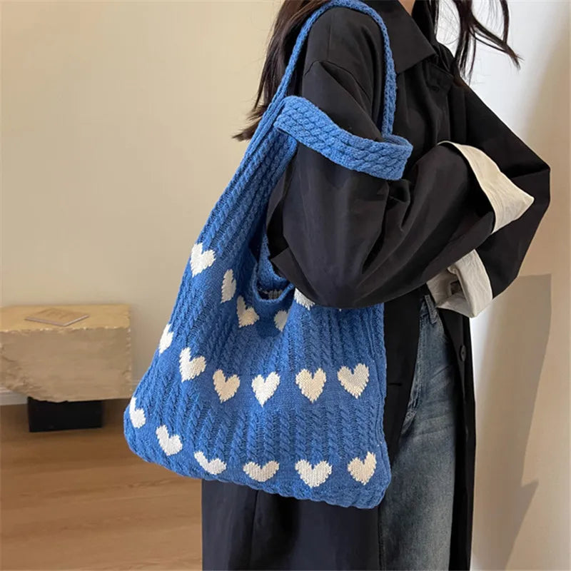 Knitted Heart Tote Bag – Women's Handmade Shoulder Bag